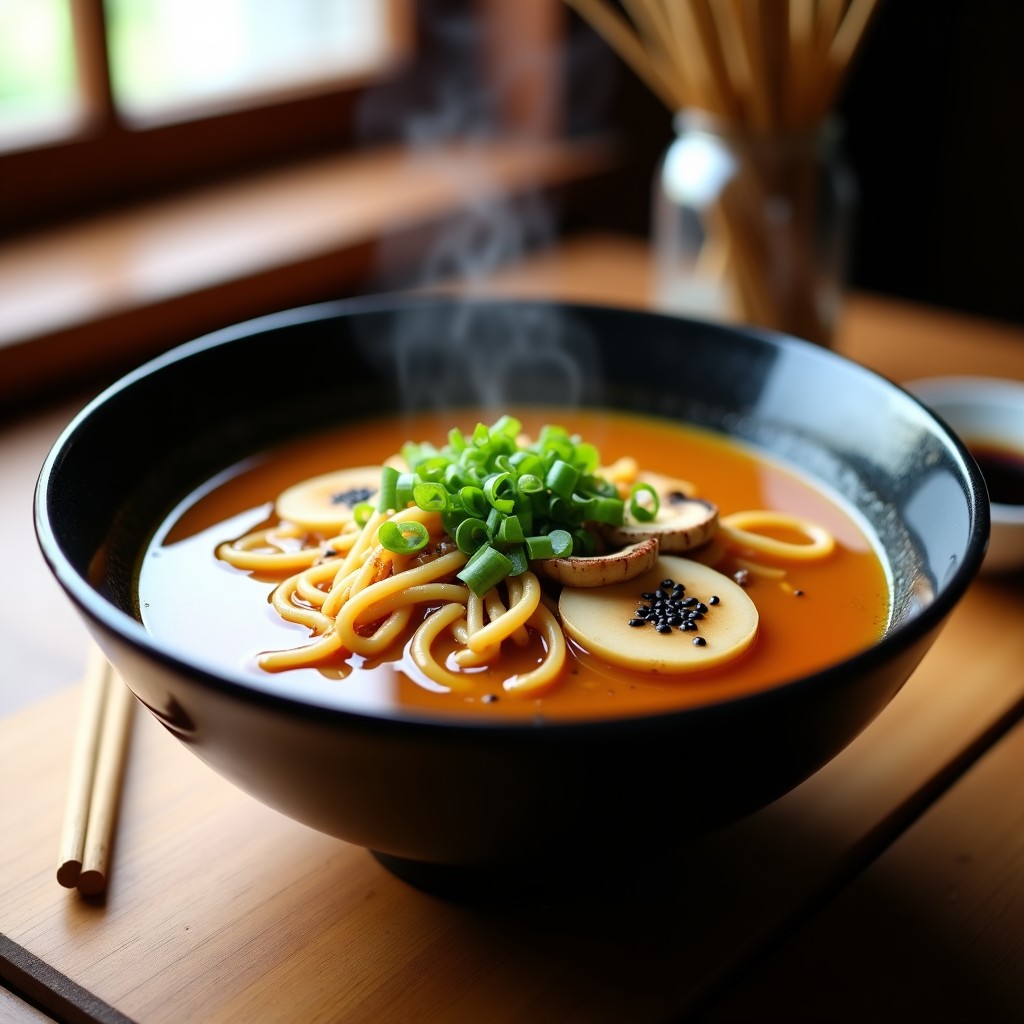 Cuenco hondo de cerámica negra con ramen vegano de miso, caldo umami espeso, fideos de arroz, hongos shiitake dorados, bambú en tiras, tofu crujiente, algas wakame y semillas de sésamo negro. Decorado con cebollino fresco y aceite de sésamo brillante.