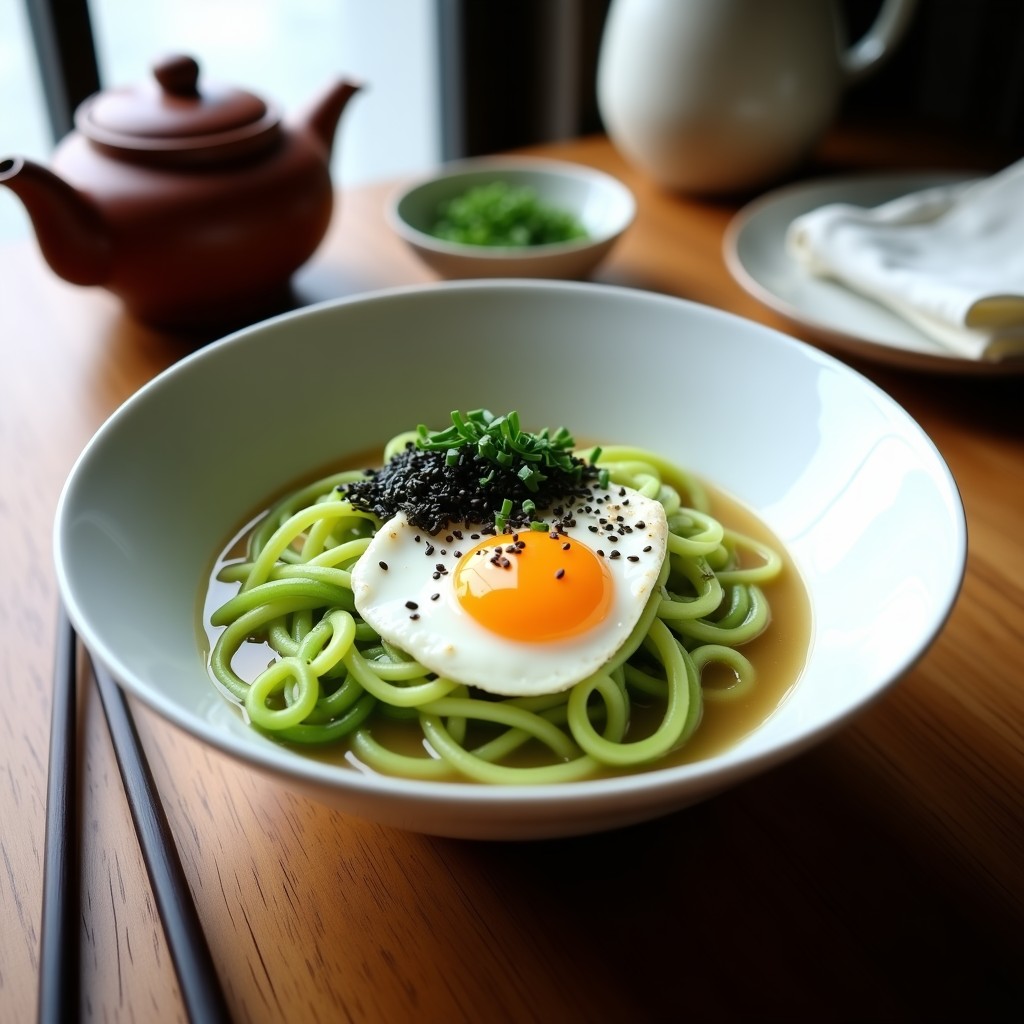Plato hondo de cerámica blanca con ramen de zoodles de calabacín, caldo cremoso de miso blanco, huevo pochado con yema líquida, algas nori en tiras, semillas de sésamo negro y cebollino picado. Receta keto en airfryer con toque japonés.