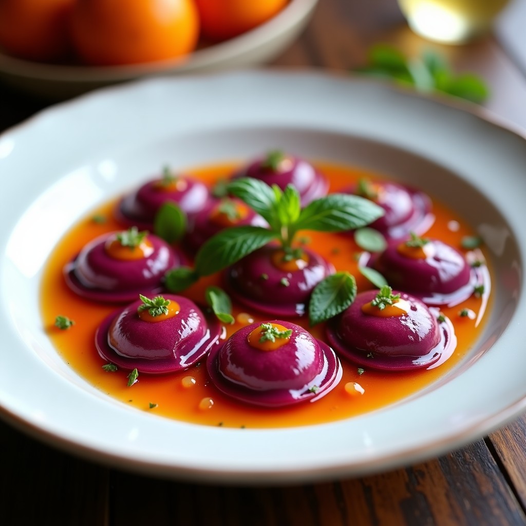 Plato blanco elegante con ravioles de remolacha y ricotta bañados en salsa de naranja brillante, decorados con nueces picadas y hojas de menta fresca. Receta italiana sin gluten y colorida.