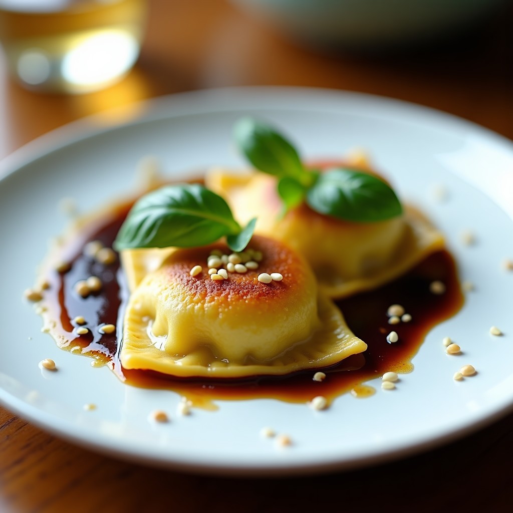 Raviolis cuadrados de calabacín dorados en Airfryer, rellenos de queso de cabra cremoso y suri de maracuyá, servidos en plato blanco con decoración de cebollino picado y hilo de suri.