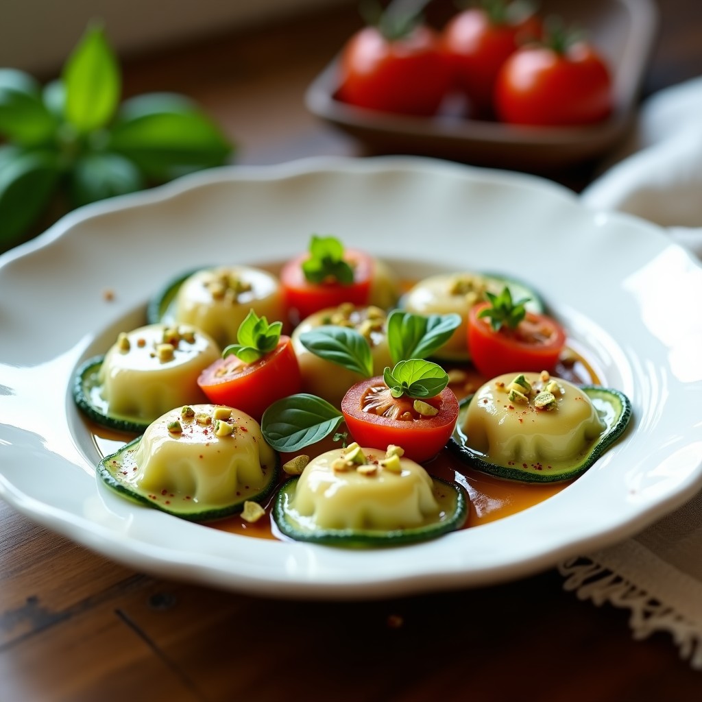 Plato blanco con ravioli de calabacín rellenos de ricotta y pistacho, servidos con salsa de tomate cherry y vinagre balsámico, decorados con albahaca fresca y pistachos picados.