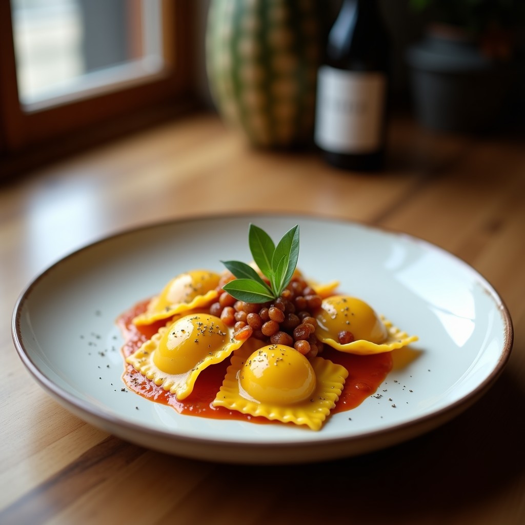 Plato blanco con ravioli de calabaza butternut rellenos, bañados en mantequilla de salvia dorada y decorados con hojas de salvia fritas y nueces picadas. Receta italiana en Thermomix.