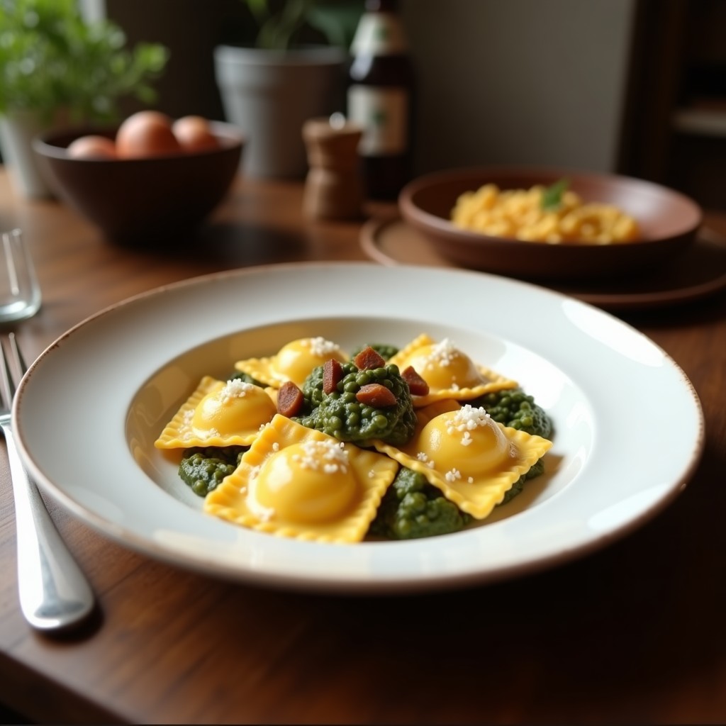 Plato blanco con ravioli veganos de masa de lentejas rojas rellenos de remolacha asada y queso de cabra, decorados con aceite de nuez y hojas de tomillo fresco sobre fondo rústico de madera.