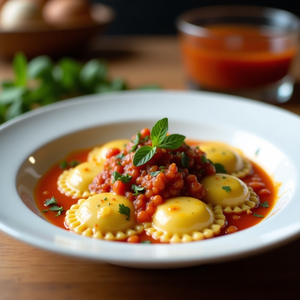 Plato blanco elegante con ravioli de remolacha y ricotta bañados en salsa de nueces cremosa, decorados con hojas de salvia y virutas de parmesano, receta italiana sin huevo en Thermomix.