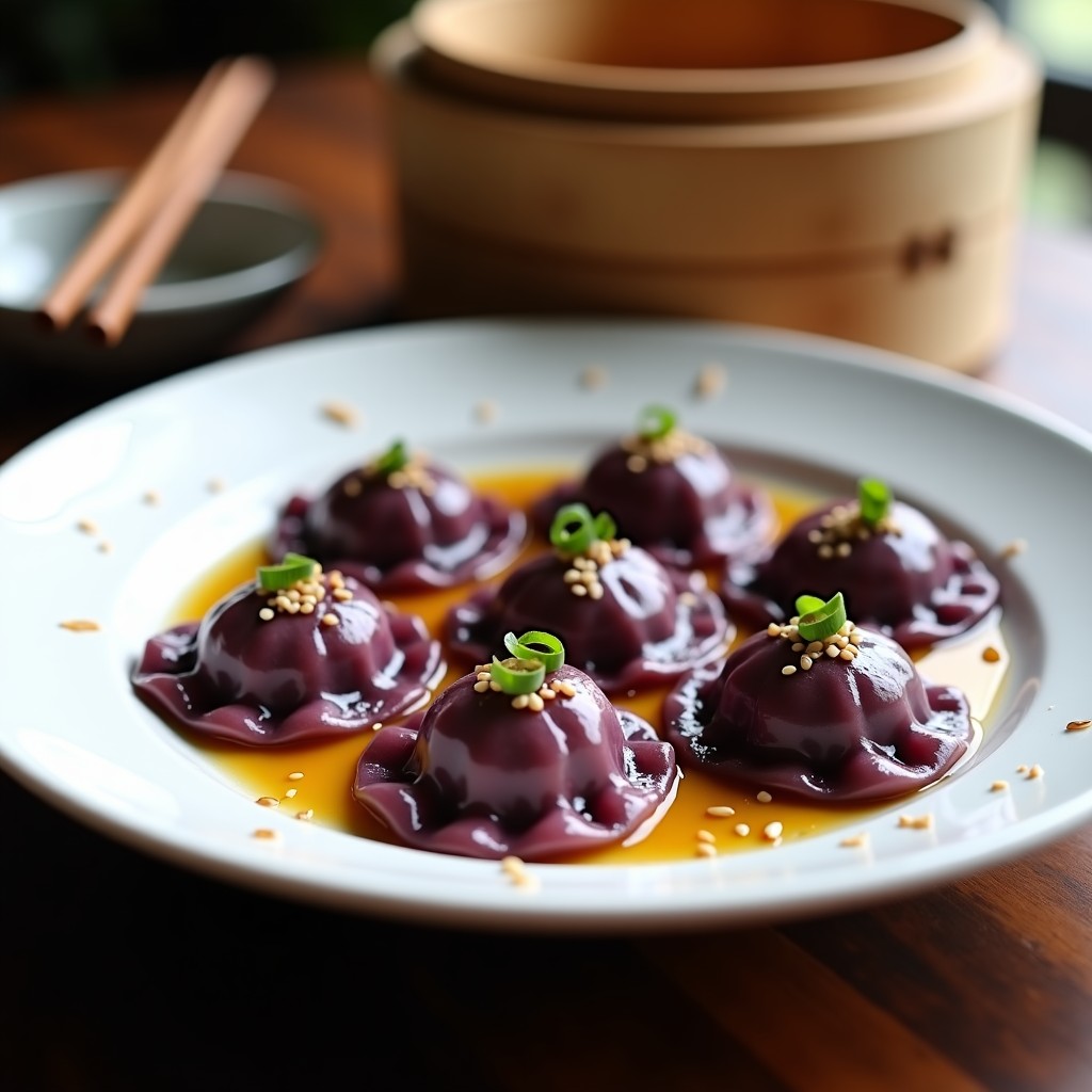 Plato blanco con raviolis de batata morada rellenos de hongos shiitake, al vapor, con un brillo de aceite de sésamo y cebollino fresco picado. Fondo borroso con vapor y utensilios de cocina asiáticos.