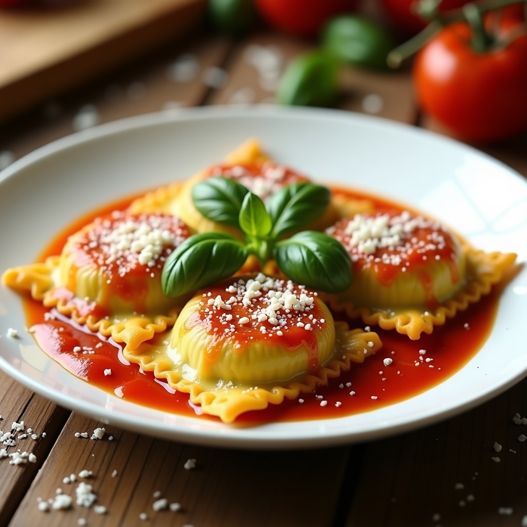 Plato blanco con raviolis de calabacín dorados en Airfryer, rellenos de queso de cabaña, bañados en salsa de tomate casera espesa y decorados con hojas de albahaca fresca. Receta sin gluten y alta en proteína.
