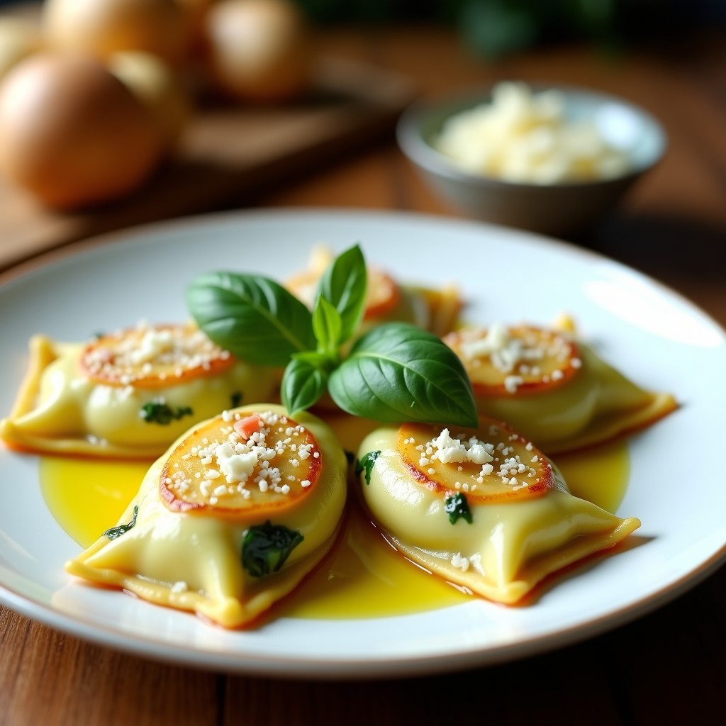 Plato blanco con raviolis de calabacín rellenos de requesón y espinacas, cocinados al vapor y dorados en mantequilla, decorados con hojas de albahaca fresca y virutas de parmesano, servidos sobre un mantel de lino gris.