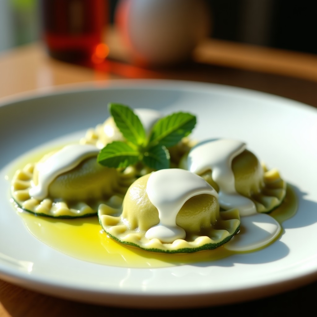 Plato blanco con raviolis de calabacín rellenos de requesón y hierbabuena, cocinados al vapor, decorados con hojas frescas de hierbabuena y un hilo de aceite de oliva virgen extra.