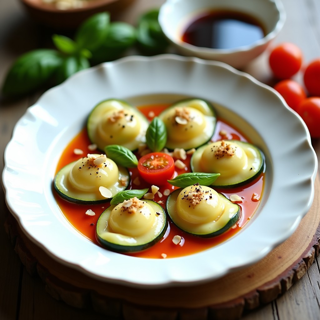 Plato blanco con raviolis de calabacín rellenos de ricotta de almendras, bañados en salsa de tomate cherry y piñones, decorados con albahaca fresca y un hilo de aceite de oliva, receta vegana sin pasta con toque italiano.
