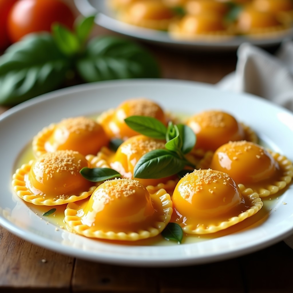 Plato blanco con raviolis veganos de calabaza butternut y queso de anacardos al microondas, decorados con semillas de calabaza y aceite de sésamo, sobre fondo rústico de madera.