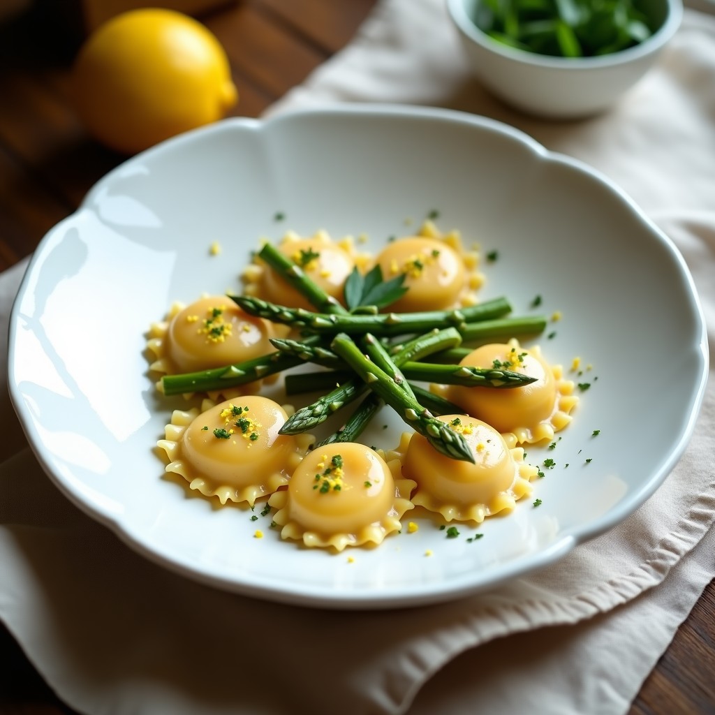 Plato blanco ovalado con raviolis de espárragos y ricotta sin gluten, masa dorada de garbanzo, rellenos cremosos y puntas de espárragos trigueros salteados. Decorado con hojas de perifollo y ralladura de limón.