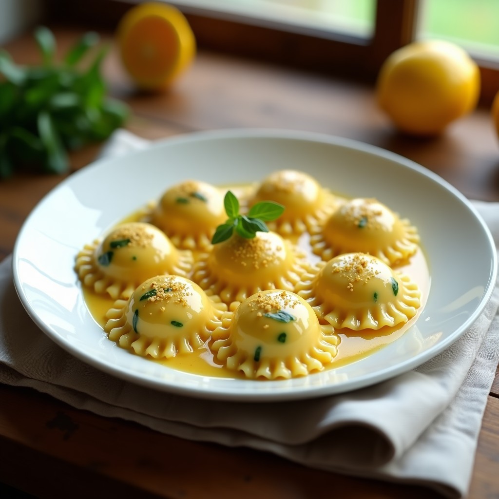 Plato blanco con raviolis de espinaca y queso de cúrcuma dorados, bañados en salsa cremosa de nuez moscada, decorados con virutas de coco tostado y pizca de cúrcuma en polvo, receta sin gluten en Thermomix.