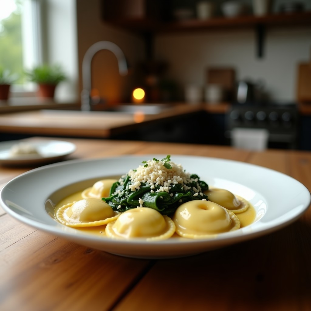 Plato blanco con raviolis de espinaca y ricotta con masa integral, bañados en mantequilla dorada con hojas de salvia, sobre fondo rústico de madera. Receta italiana en Thermomix.