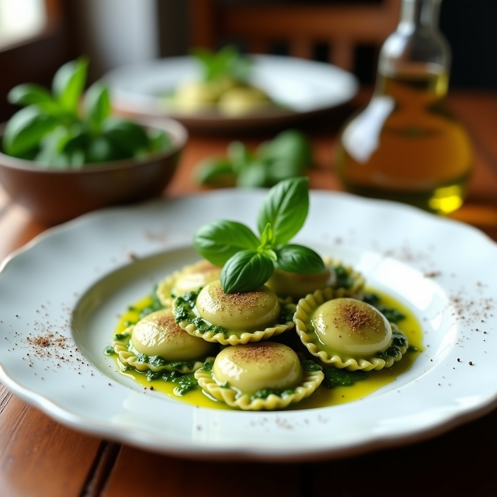 Plato blanco con raviolis de espinaca y ricotta vegana al pesto de albahaca, servidos con un chorrito de aceite de oliva y hojas de albahaca fresca. Receta italiana sin lactosa en 25 minutos.