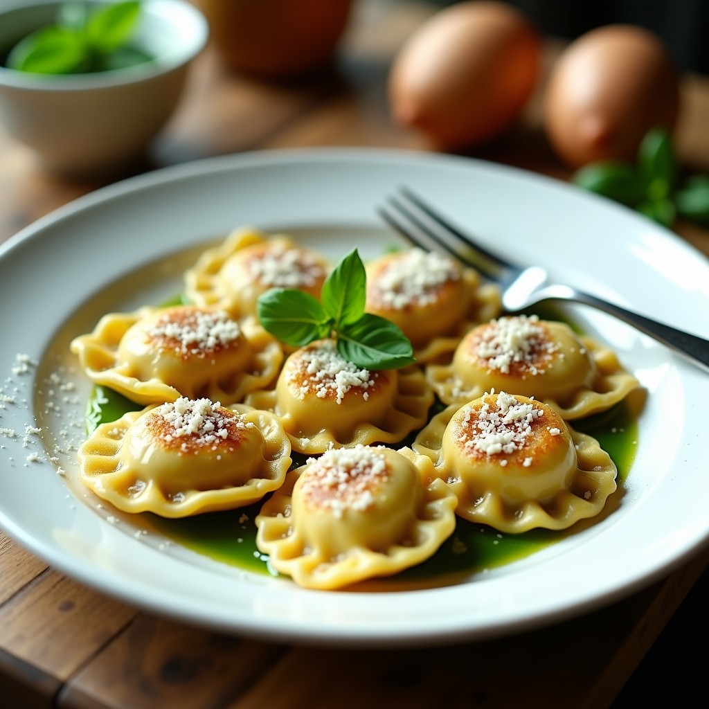 Plato blanco con raviolis de espinacas y ricotta dorados en airfryer, servidos con salsa pesto y virutas de parmesano, receta italiana sin freír.