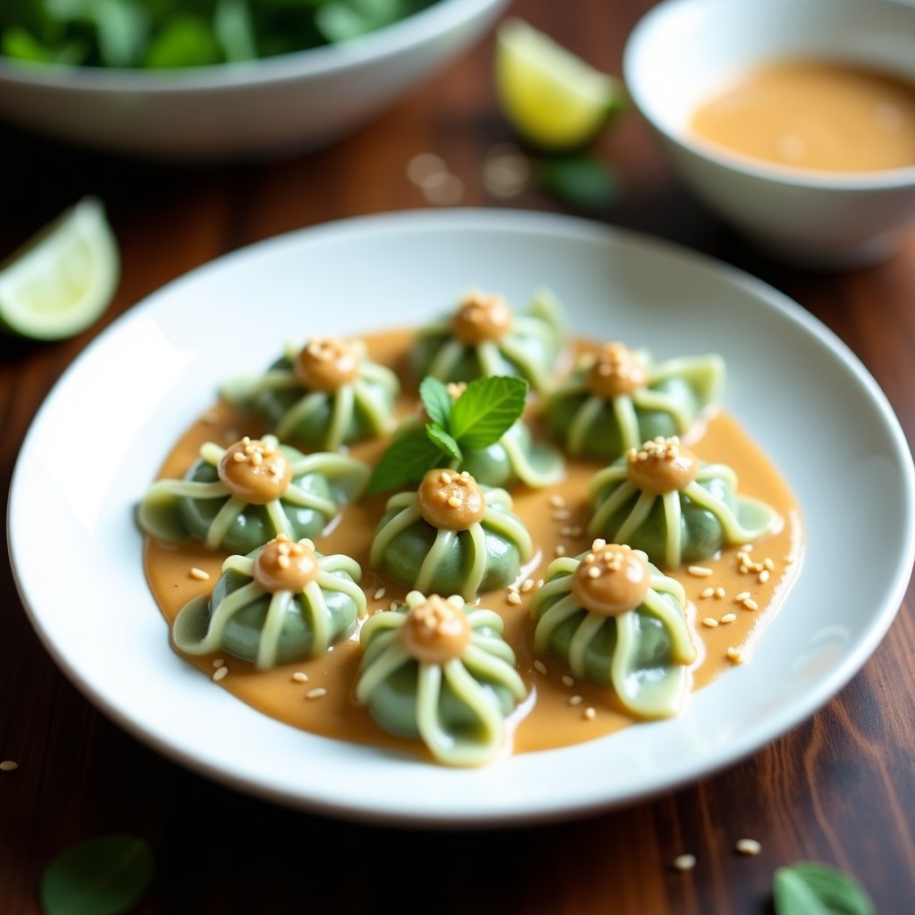 Plato blanco con raviolis de espinacas y tofu al vapor, bañados en salsa de cacahuete y lima de color crema, decorados con semillas de sésamo y rodajas de lima, receta tailandesa vegana en Thermomix.