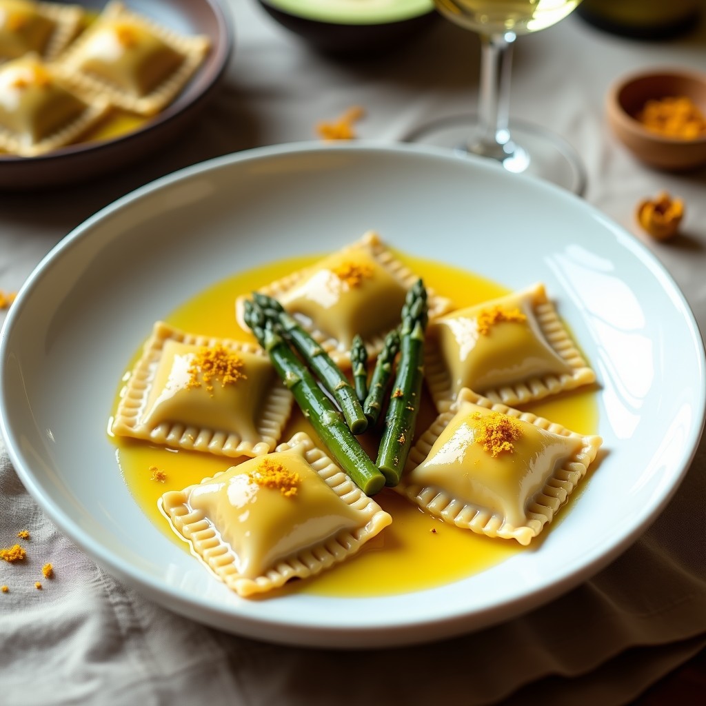 Plato blanco con raviolis de hongos shiitake y espárragos veganos, bañados en salsa de azafrán cremosa, decorados con hebras de azafrán y levadura nutricional, fondo rústico de madera.