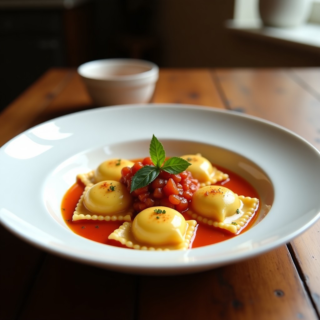 Plato blanco con raviolis de remolacha y ricotta dorados en Airfryer, bañados en salsa cremosa de nueces pecanas y decorados con hojas de salvia fresca y virutas de parmesano.