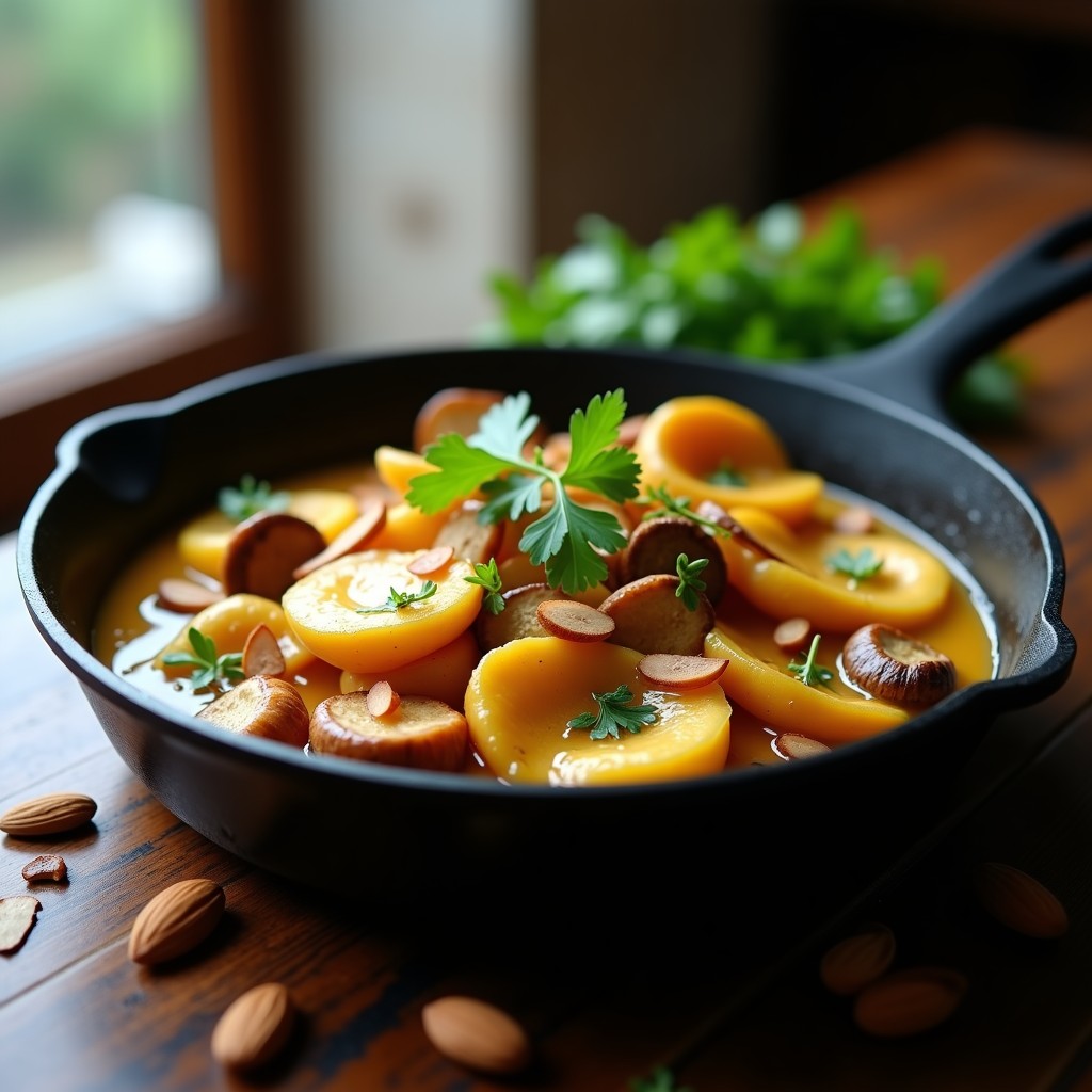 Sartén de hierro negro con refogado de palmito en rodajas doradas y hongos chanterelle dorados, decorado con almendras fileteadas y cilantro fresco. Plato brasileño vegano con toque de aceite de dendê, servido sobre fondo rústico de madera.