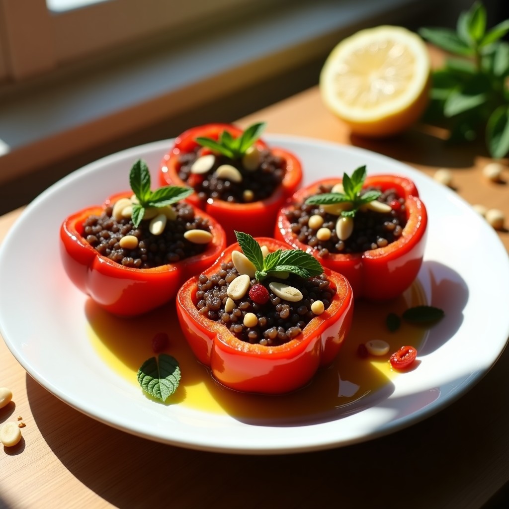 Pimientos rojos asados rellenos de arroz salvaje, almendras y pasas, decorados con menta fresca y un hilo de aceite de oliva, receta griega vegana en Thermomix.