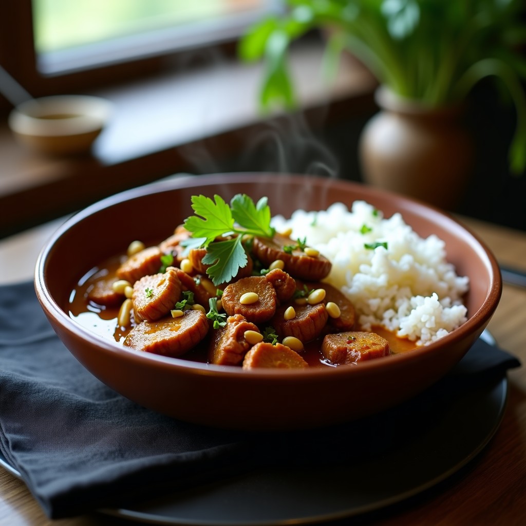 Plato hondo de barro oscuro con rendang de hongos portobello vegano, salsa espesa color ámbar con trozos de hongos tiernos, anacardos tostados y hojas de limón kaffir. Acompañado de arroz basmati blanco y decorado con cilantro fresco. Receta indonesia en olla lenta sin lácteos.