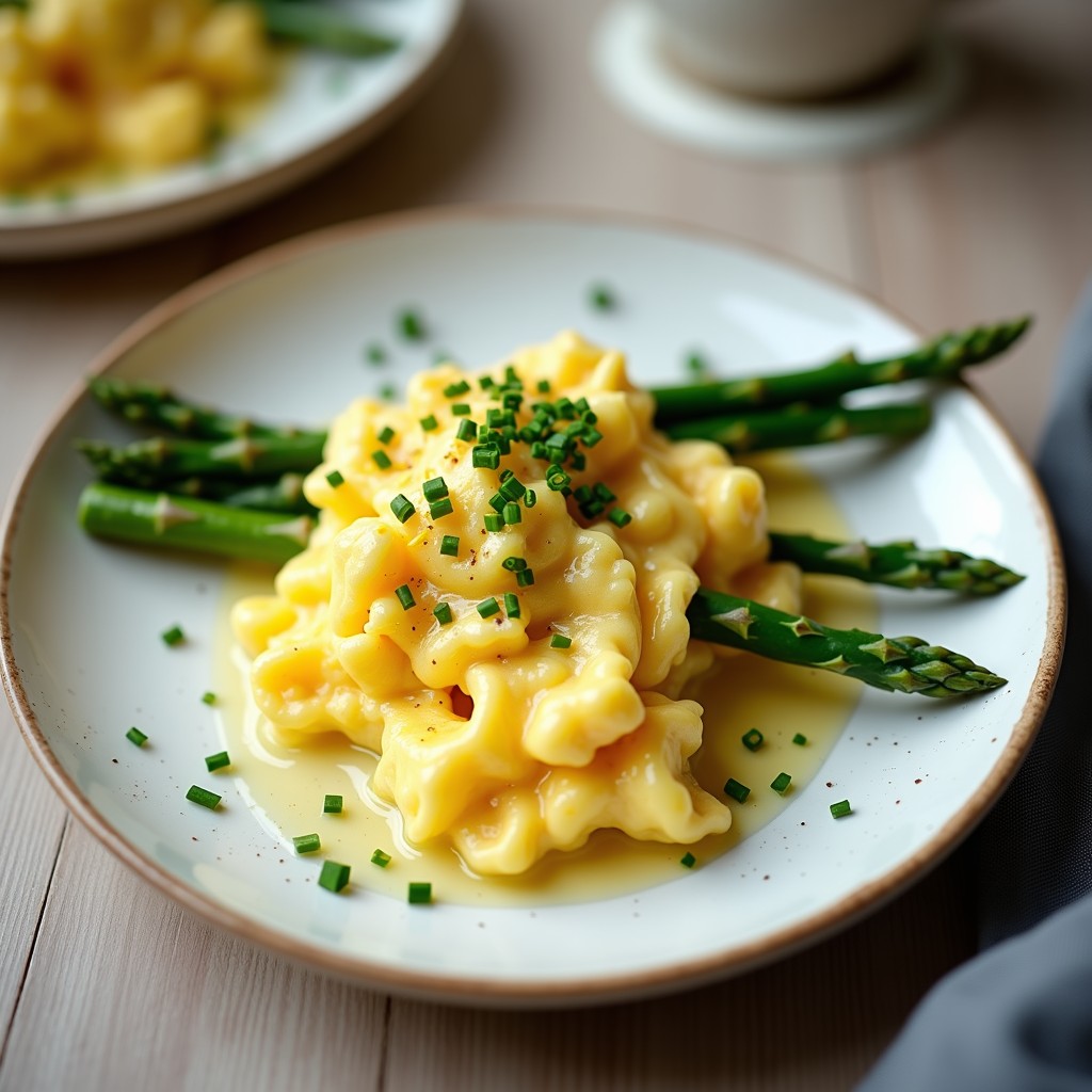 Plato blanco hondo con revuelto cremoso de huevos de codorniz y espárragos trigueros salteados, decorado con cebollino fresco y ralladura de limón. Desayuno alta en proteína servido con elegancia.