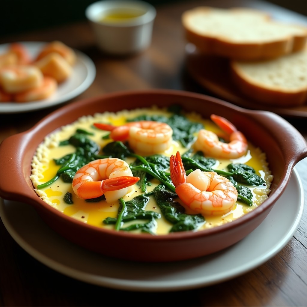 Plato hondo de barro con revuelto cremoso de espinacas frescas y gambas rosadas, salteado con ajo y aceite de oliva virgen extra, típico de la cocina española tradicional.