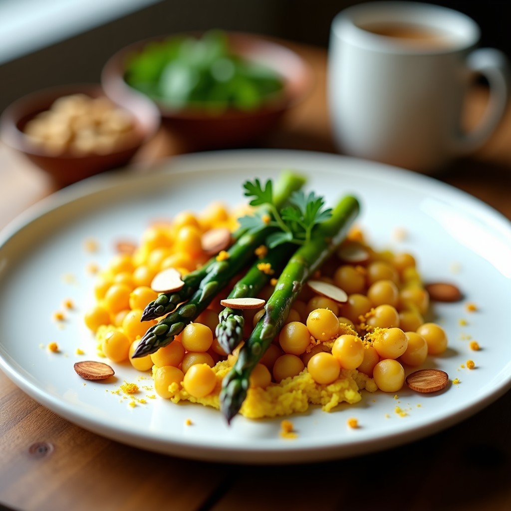 Revuelto cremoso de garbanzos y espárragos trigueros con hebras de azafrán, decorado con semillas de sésamo y un toque de jugo de limón, servido en un plato blanco rústico.