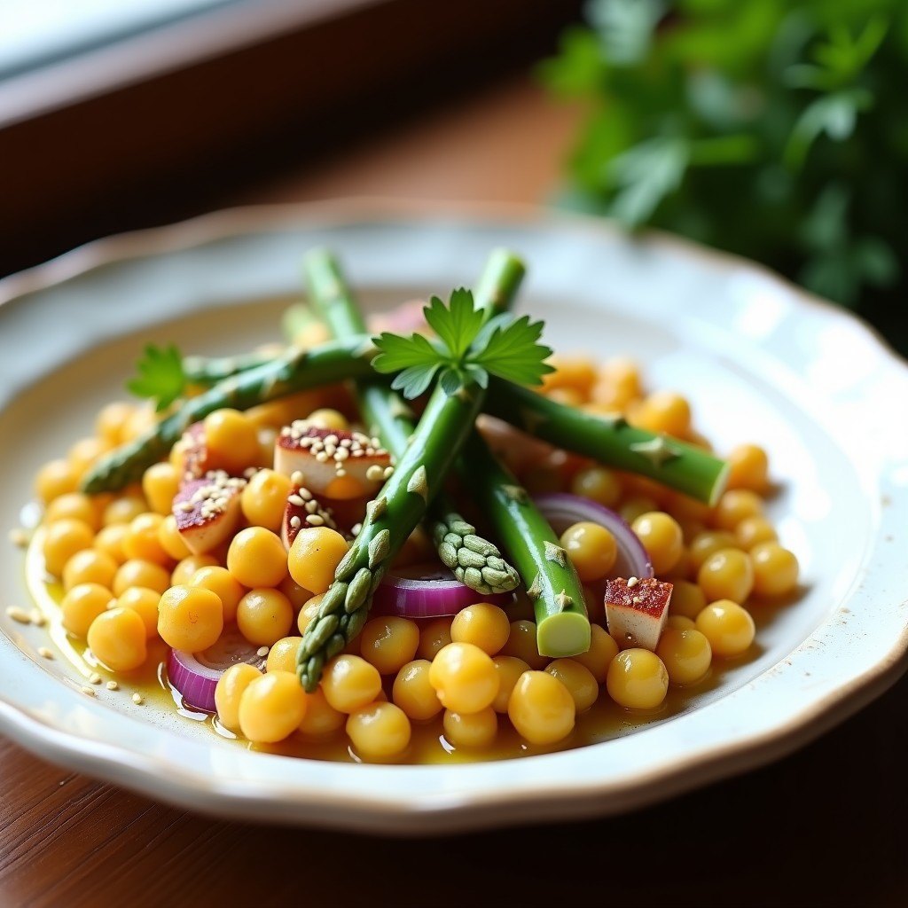 Plato blanco con revuelto de garbanzos y espárragos blancos, desayuno vegano alta en hierro, decorado con semillas de sésamo y cebolla morada salteada, sobre fondo de madera rústica.