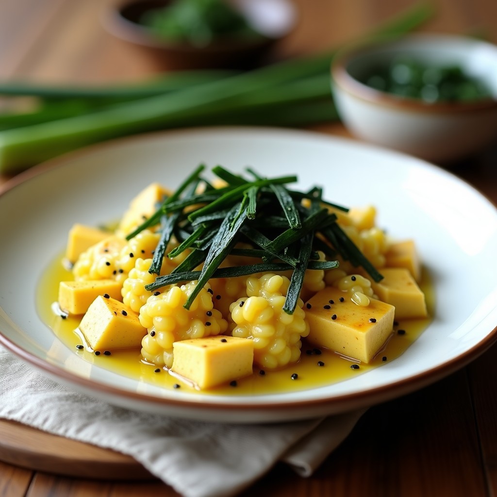 Revuelto de tofu sedoso desmenuzado con tiras de alga nori oscura, cebollino picado y semillas de sésamo negro, servido en plato blanco hondo. Textura cremosa y color verde claro con detalles negros y dorados. Receta vegana alta en omega-3.