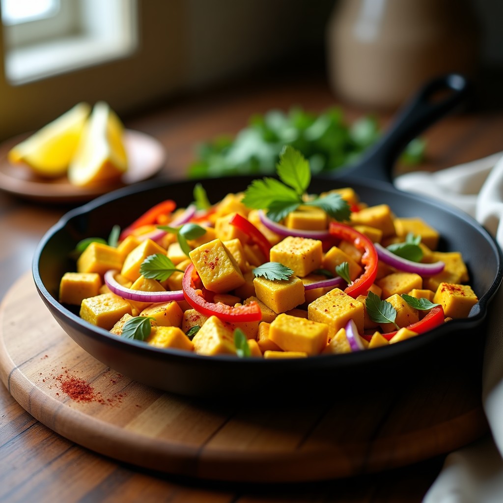 Sartén antiadherente con revuelto de tofu dorado, especias vibrantes y trozos coloridos de pimiento rojo, verde y cebolla morada. Decorado con cilantro fresco y un toque de pimienta de cayena sobre fondo rústico de madera.