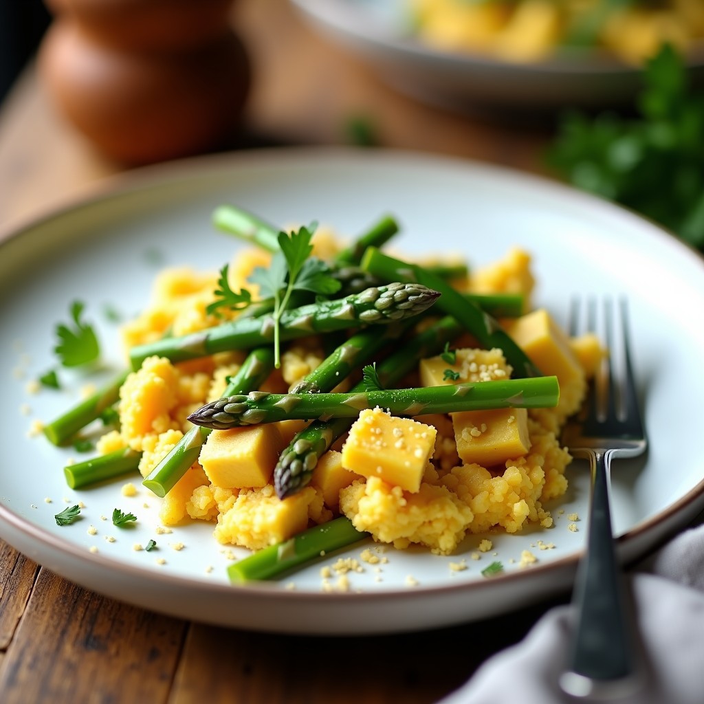 Revuelto de tofu con espárragos trigueros keto en airfryer sin aceite, servido en plato blanco con toques dorados de cúrcuma y espolvoreado de levadura nutricional.
