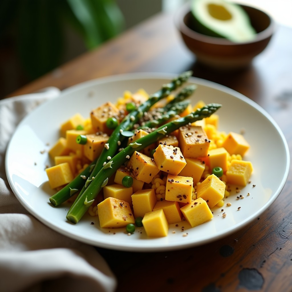 Plato blanco con revuelto de tofu dorado y trozos de espárragos tigre salteados, espolvoreado con semillas de sésamo y cúrcuma. Desayuno vegano antiinflamatorio con textura cremosa y crujiente.