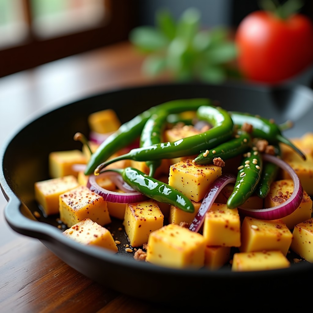 Revuelto de tofu desmenuzado dorado con pimientos del padrón verdes y dorados, ajo negro brillante, semillas de sésamo negro y un toque de pimentón ahumado. Plato vegano umami servido en sartén de hierro con fondo difuminado.