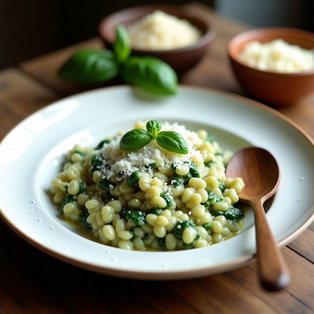 Plato blanco con risotto cremoso de color verde claro por las espinacas, espolvoreado con parmesano rallado y acompañado de una cuchara de madera. Fondo rústico con hierbas frescas.