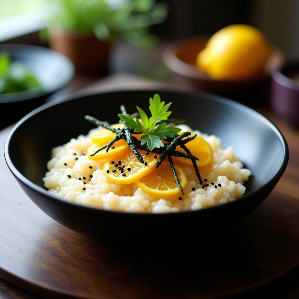 Plato hondo de cerámica negra con risotto ultracremoso de color verde oscuro, decorado con tiras de alga nori, trozos de limón confitado amarillo y semillas de sésamo negro. Fondo minimalista con tenedor de madera y rodajas de limón fresco.