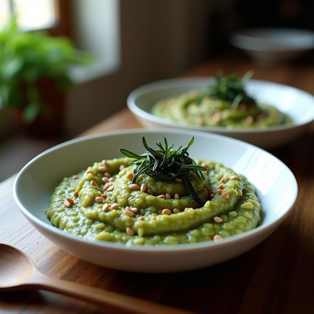 Plato blanco hondo con risotto cremoso de color verde oscuro, decorado con semillas de sésamo y tiras de algas nori, servido con una cuchara de madera y fondo rústico.