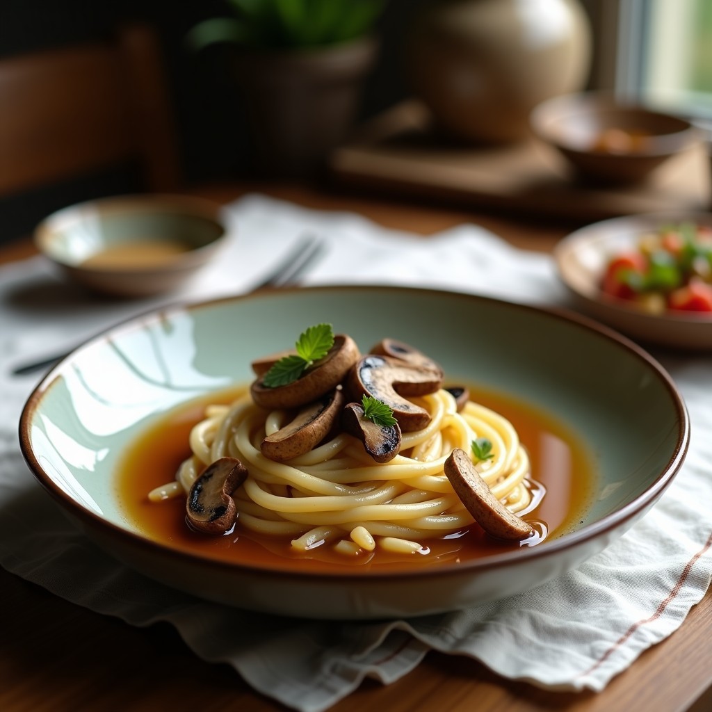 Plato hondo de cerámica blanca con risotto cremoso de avena y boletus, decorado con láminas doradas de boletus frescos y una ramita de tomillo. Textura sedosa y color beige con tonalidades terrosas. Receta sin lactosa en olla lenta.
