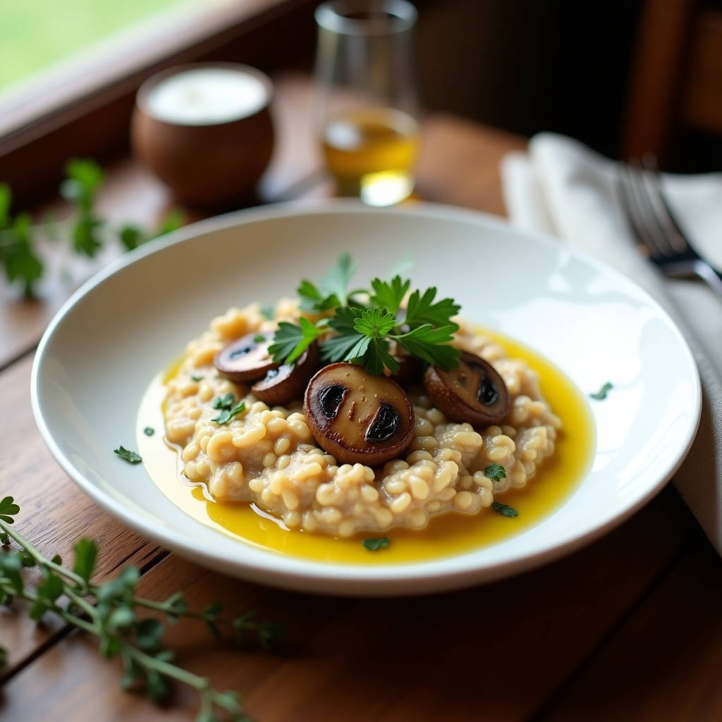 Plato hondo de porcelana blanca con risotto de avena y champiñones Portobello vegano, cremoso y dorado, decorado con perejil fresco y un hilo de aceite de oliva virgen extra.