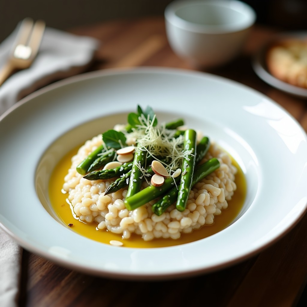 Plato hondo de cerámica blanca con risotto cremoso de avena integral, trozos de espárragos trigueros verdes, espolvoreado con queso de almendras rallado y decorado con hebras de hinojo fresco. Un hilo de aceite de trufa negra brilla sobre la superficie. Fondo borroso con servilleta de lino y cubiertos de madera.