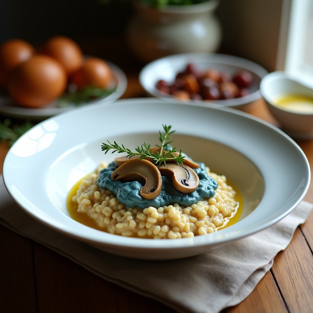 Plato hondo de cerámica blanca con risotto de avena de color crema, trozos dorados de champiñones Portobello y vetas azules de queso vegano. Decorado con tomillo fresco y un hilo de aceite de oliva. Fondos borrosos de cocina rústica.