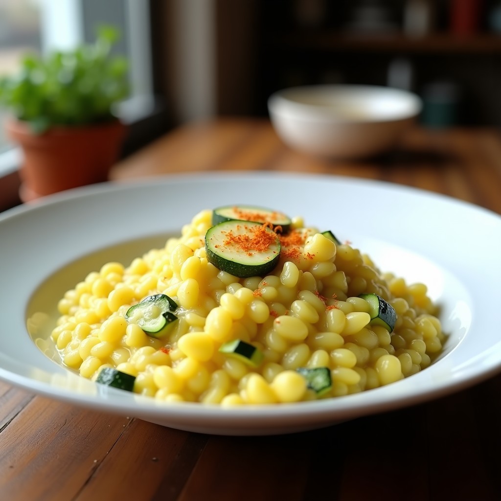 Plato hondo de porcelana blanca con risotto de azafrán y calabacines en airfryer, de color amarillo dorado, cremoso y con trozos de calabacín verde. Decorado con queso parmesano rallado y hebras de azafrán, sobre una mesa rústica de madera.