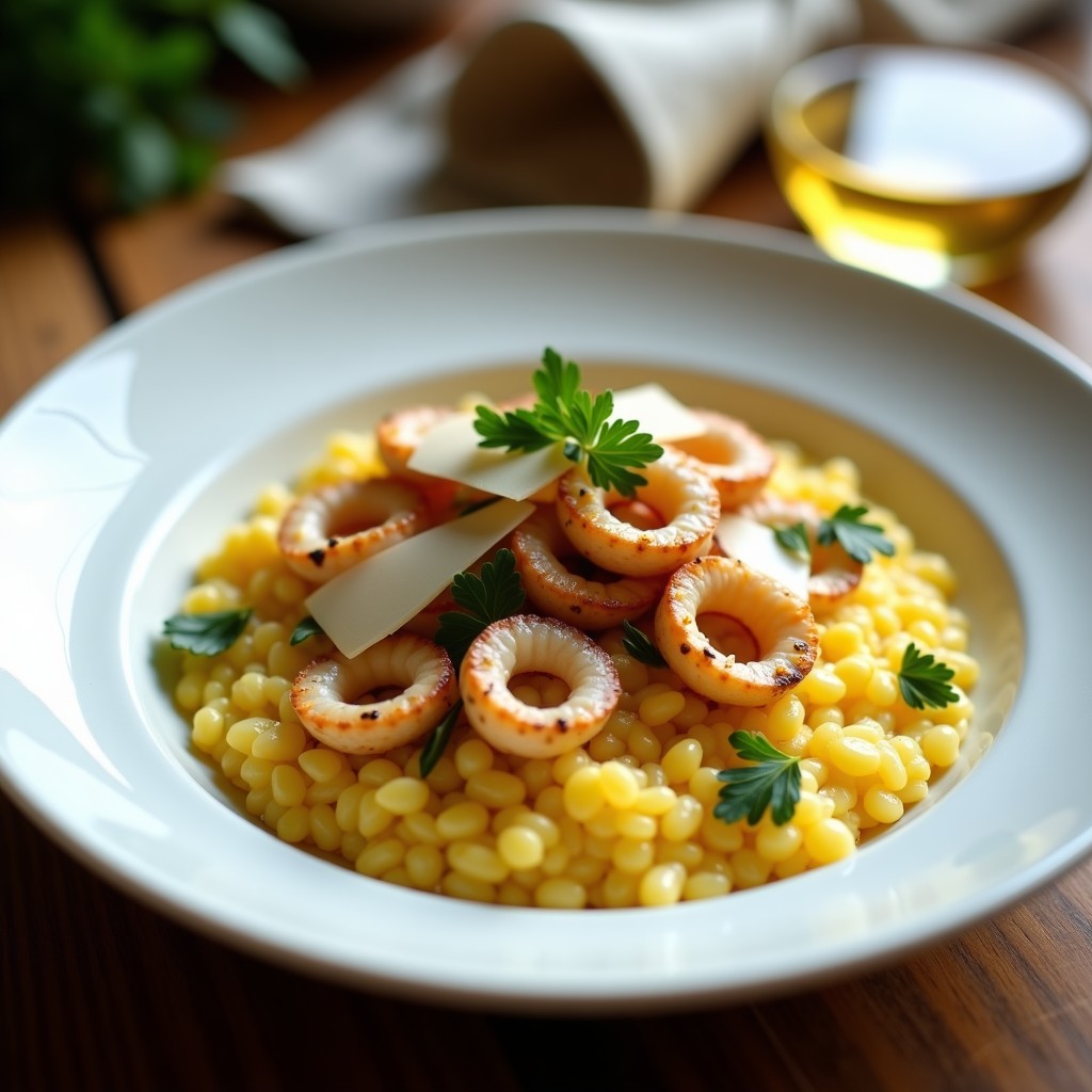 Plato hondo blanco con risotto cremoso de color dorado por el azafrán, decorado con calamares tiernos, perejil fresco y virutas de parmesano. Receta italiana de risotto de azafrán con calamares.