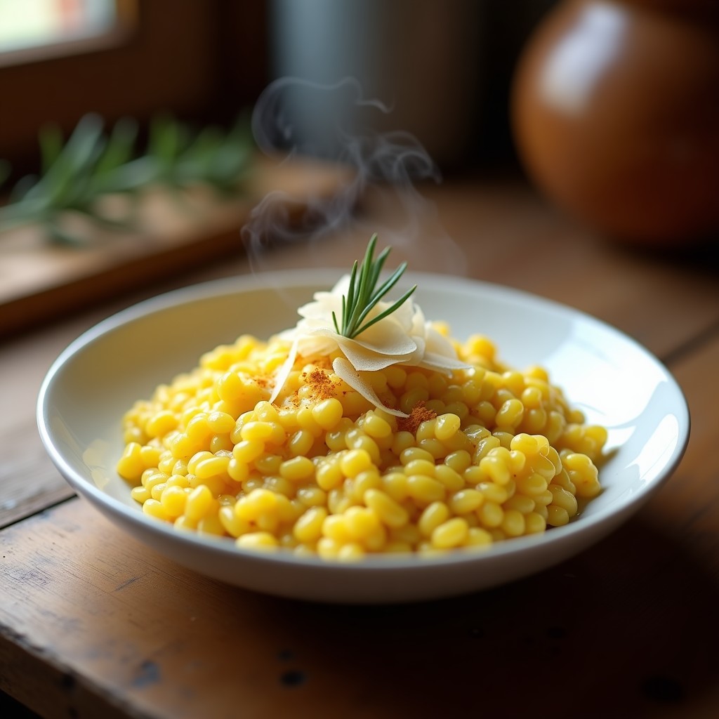 Plato hondo de cerámica blanca con risotto de azafrán cremoso, trozos de calçots asomando y virutas de queso parmesano, decorado con hebras de azafrán y romero fresco.