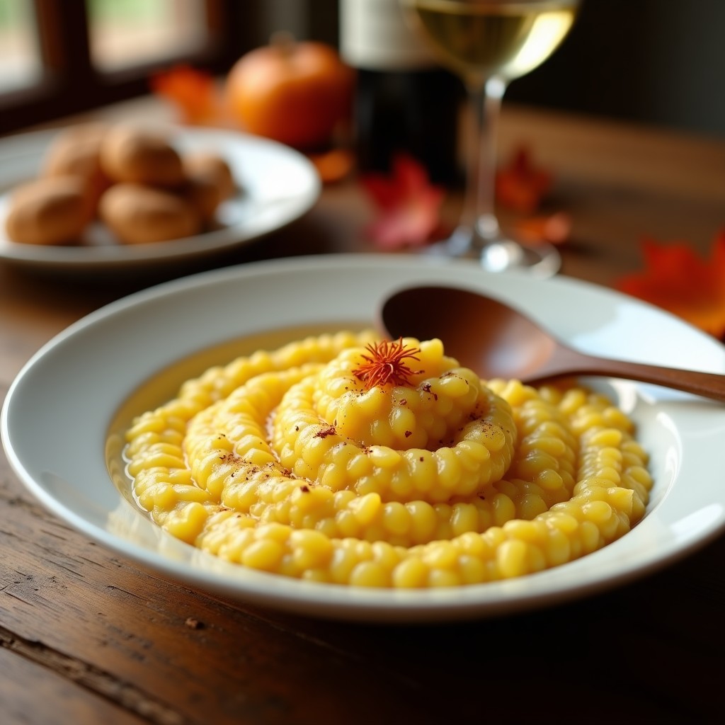 Plato hondo de porcelana blanca con risotto cremoso de color dorado por el azafrán, decorado con hebras de azafrán y un toque de cardamomo en polvo, servido en una mesa rústica de madera con una cuchara de madera.
