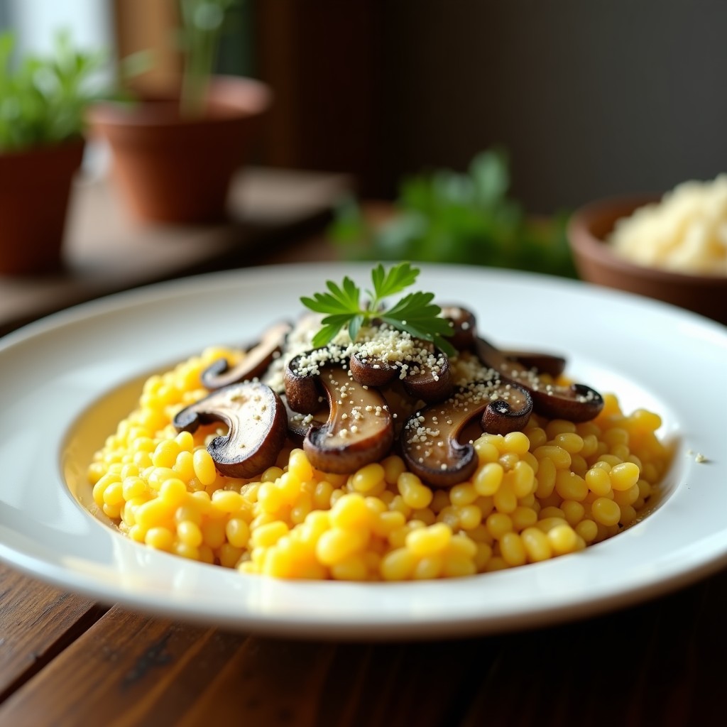 Plato blanco elegante con risotto de azafrán cremoso y champiñones dorados, espolvoreado con queso parmesano, receta en airfryer.