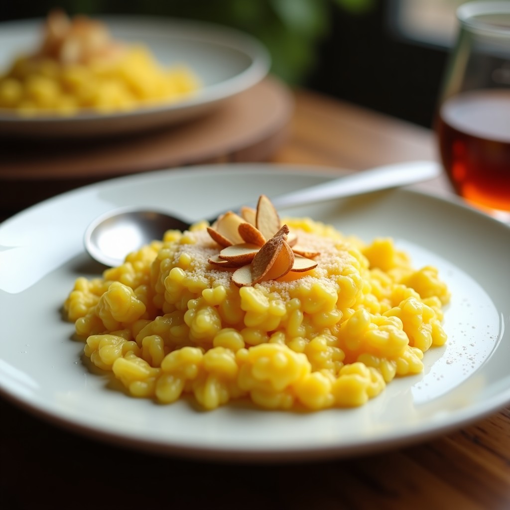 Plato blanco con risotto de azafrán y coliflor, de color dorado intenso, espolvoreado con almendras fileteadas tostadas y queso parmesano rallado, servido con una cuchara de madera.