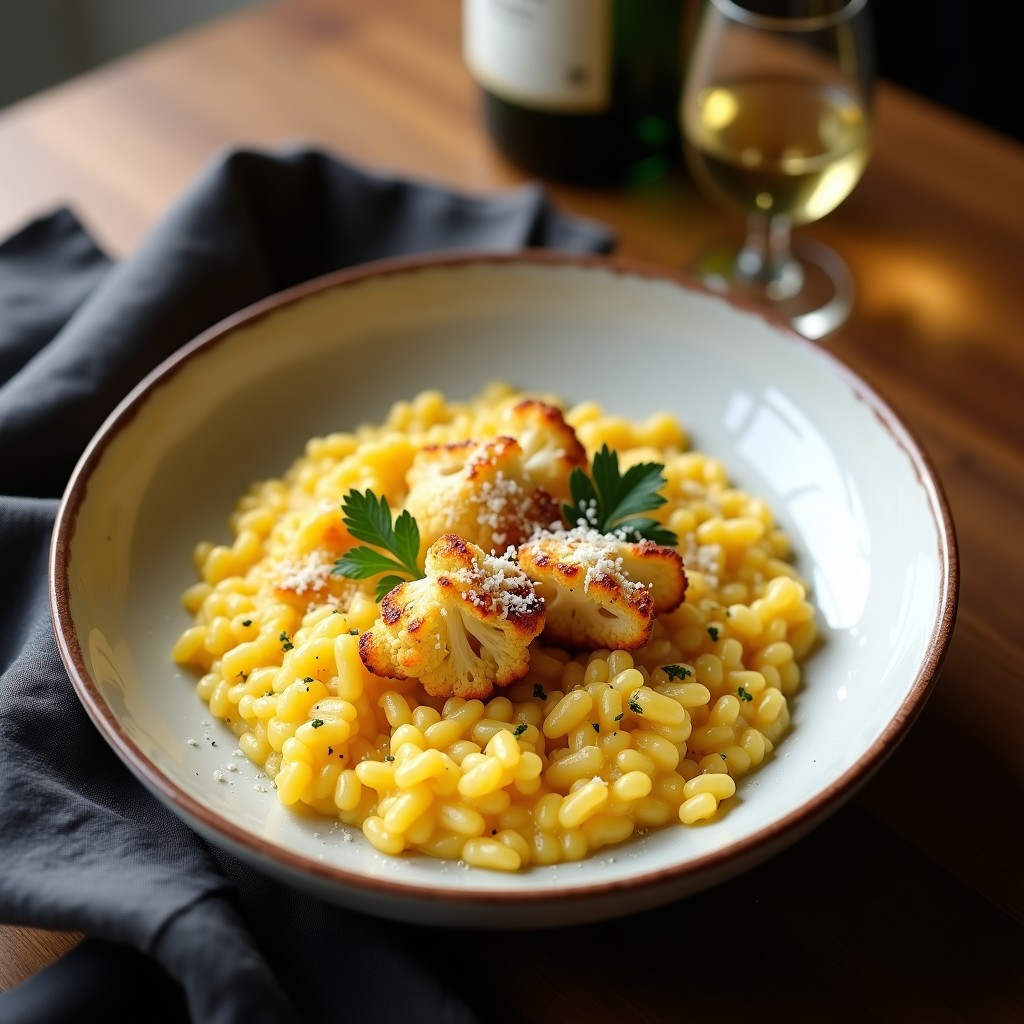 Plato hondo blanco con risotto de azafrán y coliflor cremoso, decorado con floretes de coliflor asados, hebras de azafrán y perejil fresco, receta otoñal gourmet.