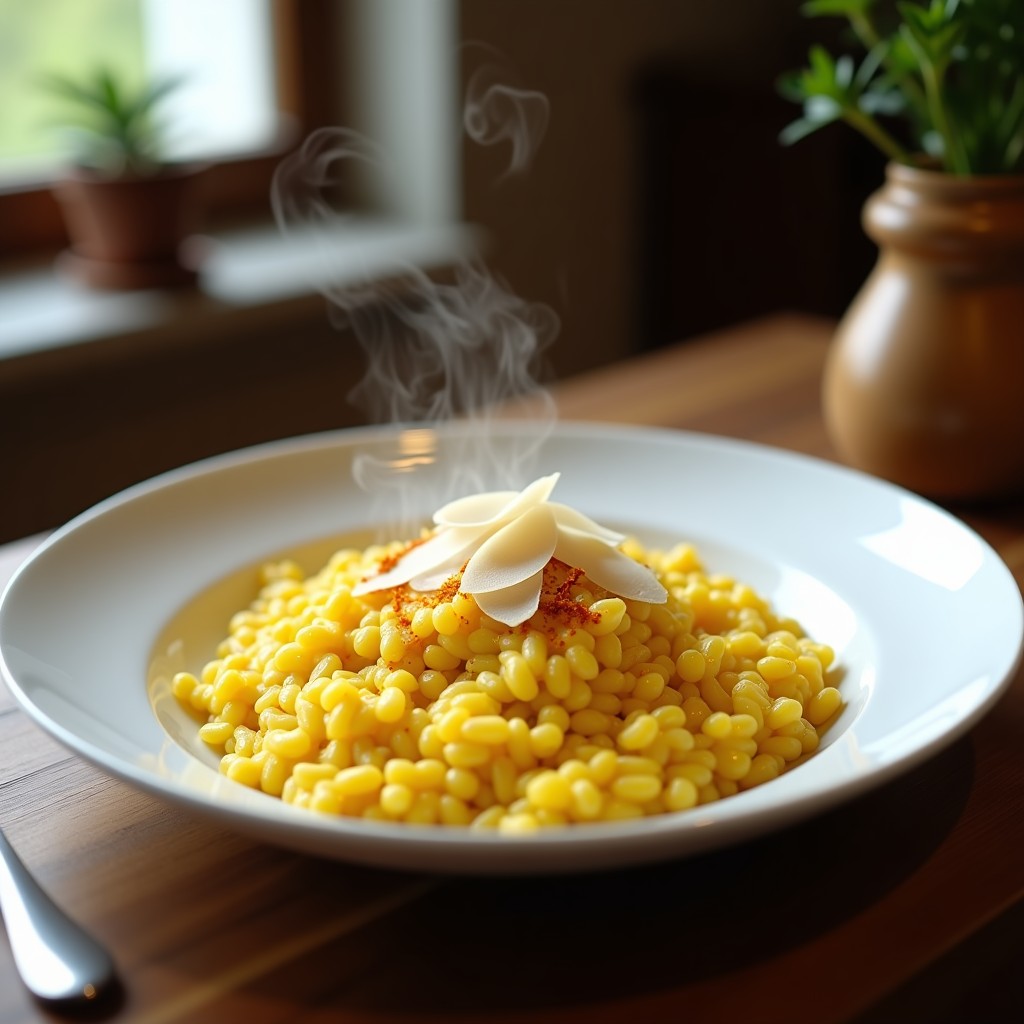 Plato blanco con risotto de azafrán dorado y crujiente, decorado con hebras de azafrán y virutas de Parmesano, receta en airfryer.