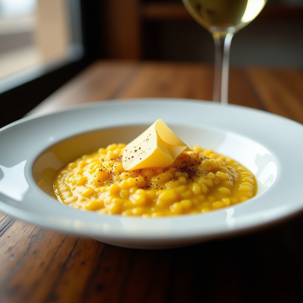 Plato hondo blanco con risotto de azafrán cremoso y dorado, coronado con crujientes láminas de parmesano doradas. Decorado con hebras de azafrán y pimienta negra.